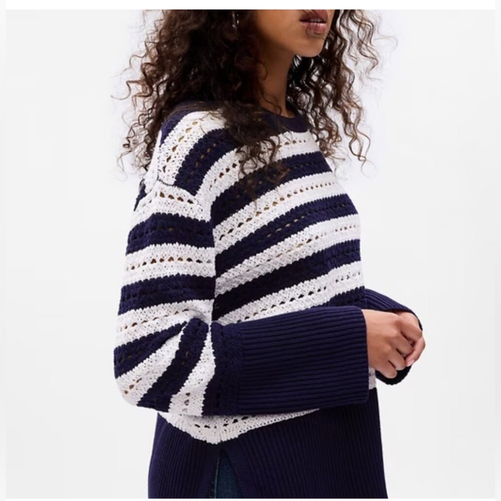 GAP 100% Cotton Open Knit Overside Striped Fisherman Sweater Navy Ivory Small
